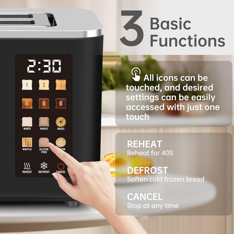 SEEDEEM Toaster 2 Slice, Touch Control Screen, Smart Stainless Toaster, 6 Shade Setting, 6 Bread Selection, Countdown, Removable Crumb Tray, 900W, Matte Black - Image 2